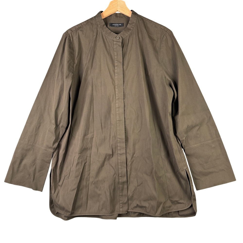 Lafayette 148 New York Band Collar Hidden Button Blouse Olive Green Cotton Blend